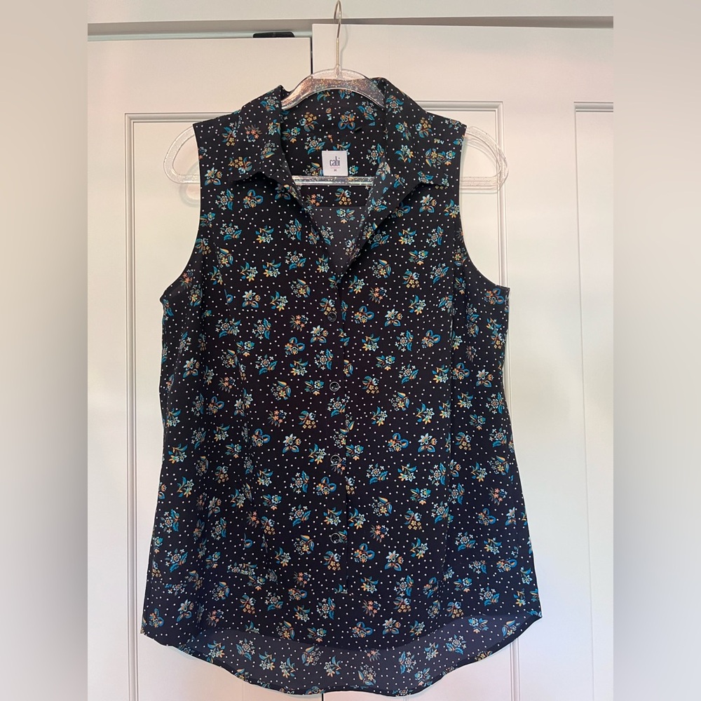 CAbi Whimsy Sleeveless Floral Blouse - Black and Blue